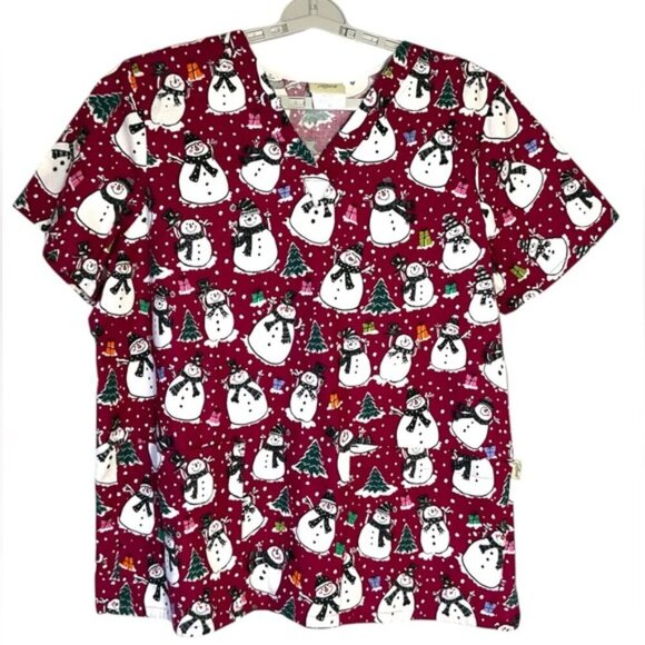 Tafford Tops - Tafford Scrub Top 100% Cotton Holiday Snowman Christmas Burgundy Red Women XL